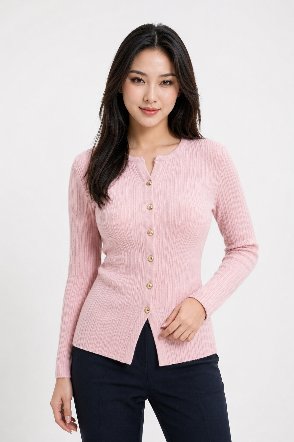 Women’s Ribbed Soft Knit Pullover (White, Pink & Green)