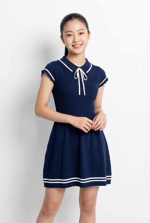 Navy Blue Ribbed Knit Mini Dress with Bow Collar