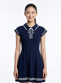 Navy Blue Ribbed Knit Mini Dress with Bow Collar