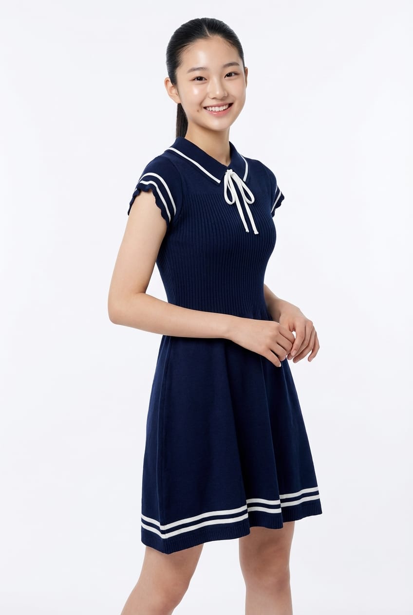 Navy Blue Ribbed Knit Mini Dress with Bow Collar