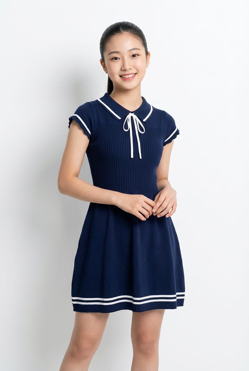 Navy Blue Ribbed Knit Mini Dress with Bow Collar