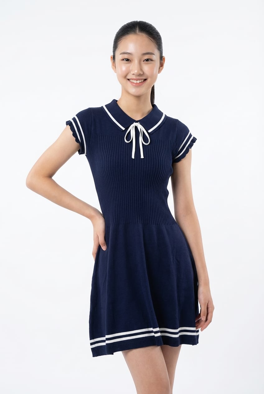 Navy Blue Ribbed Knit Mini Dress with Bow Collar