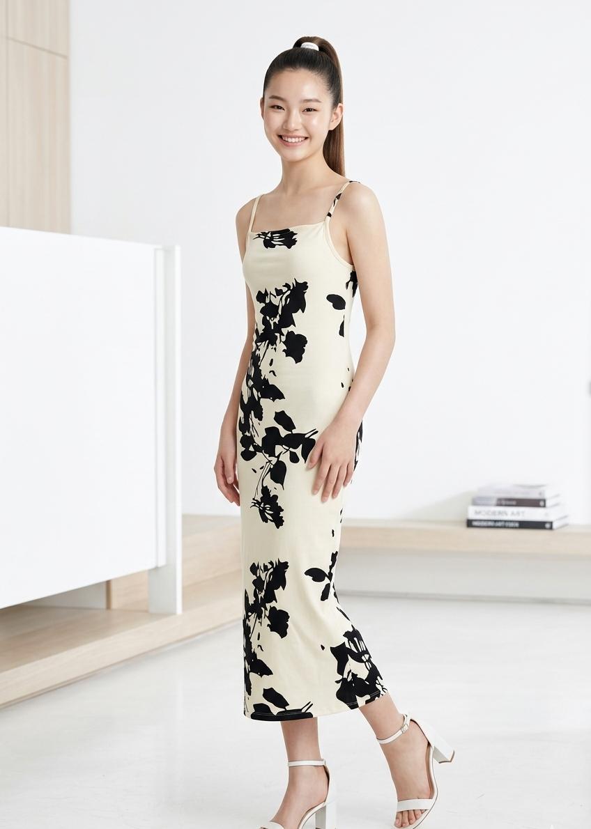 Monochrome Floral Midi Dress