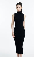 Women’s Ribbed Sleeveless Turtleneck Bodycon Dress (Black)