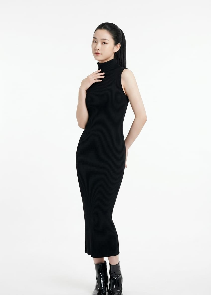Women’s Ribbed Sleeveless Turtleneck Bodycon Dress (Black)