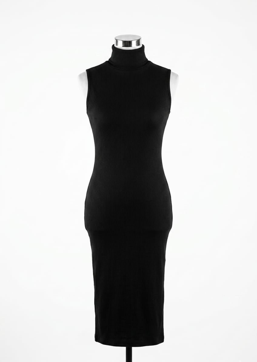 Women’s Ribbed Sleeveless Turtleneck Bodycon Dress (Black)