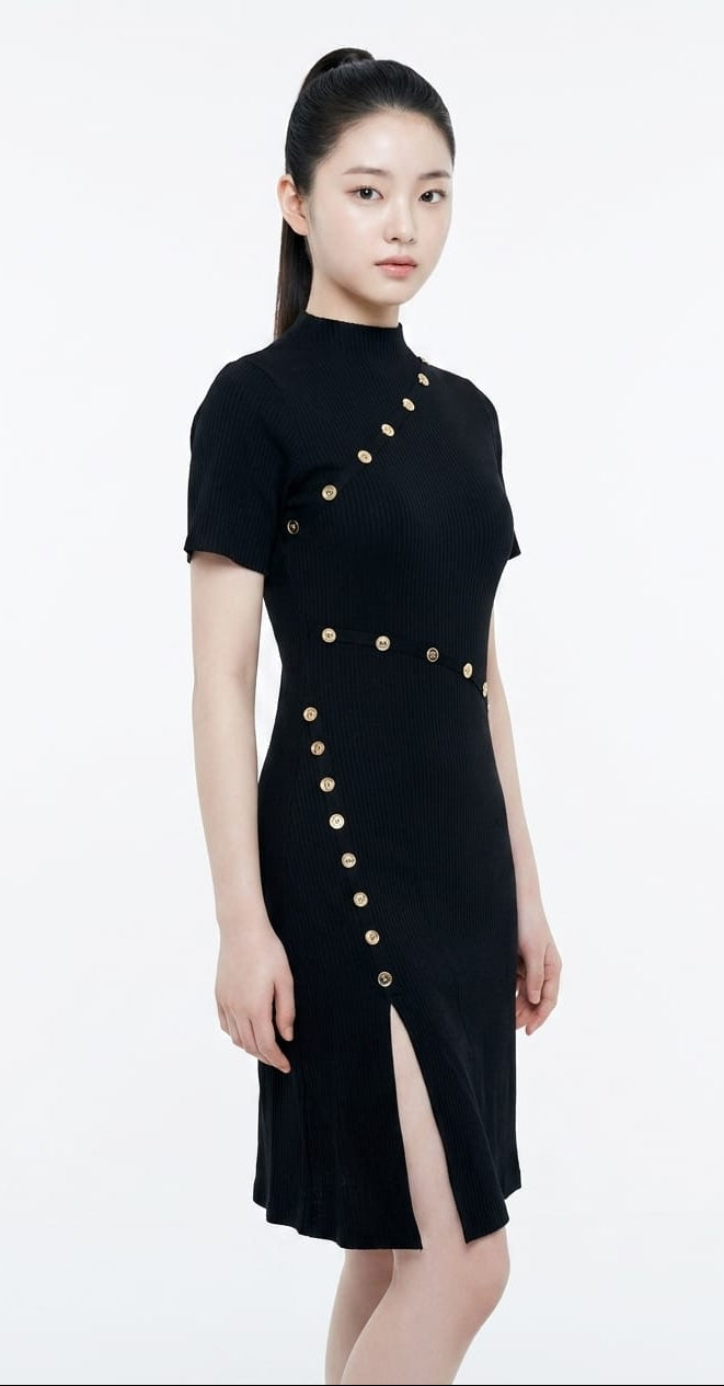 Women’s Ribbed Button Detail Midi Dress with Side Slit (Black)