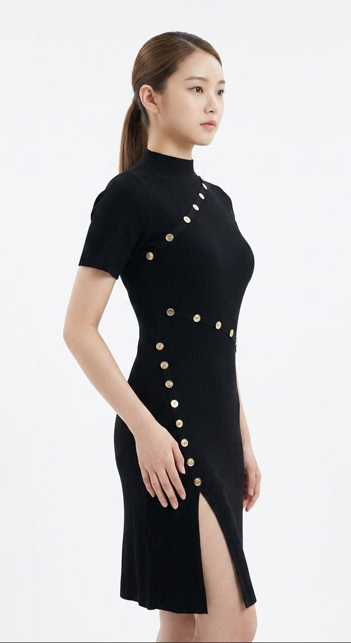 Women’s Ribbed Button Detail Midi Dress with Side Slit (Black)