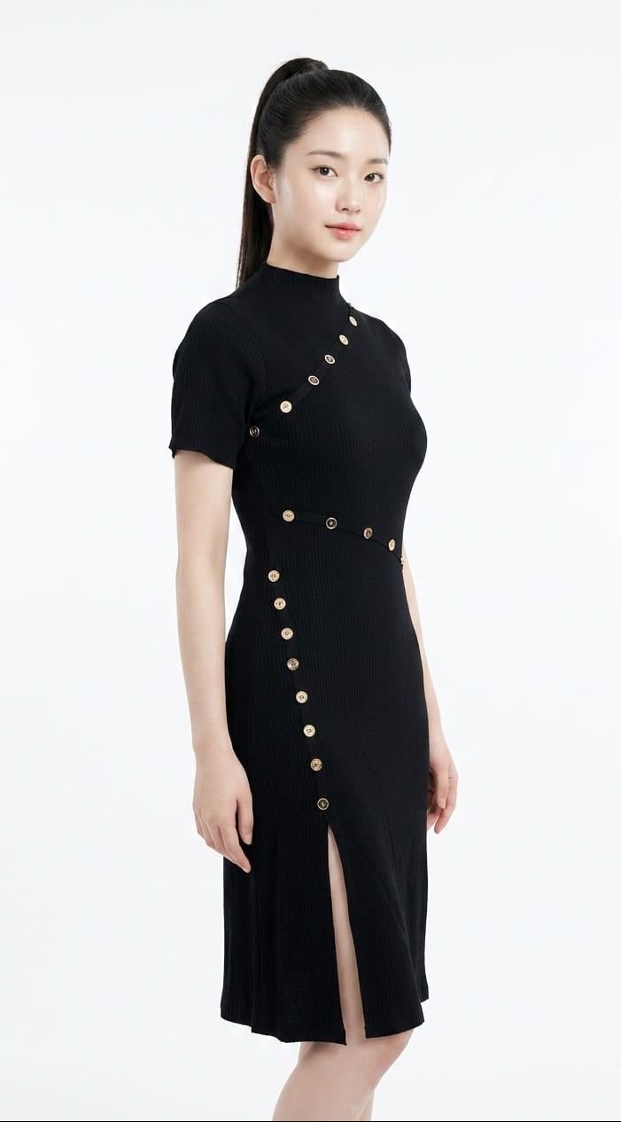 Women’s Ribbed Button Detail Midi Dress with Side Slit (Black)