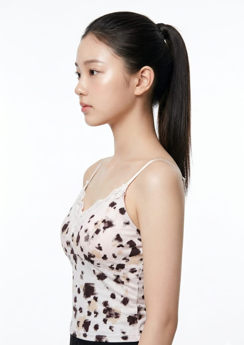 Women’s Printed Satin Lace Trim Cami Top (Black &amp; Ivory)