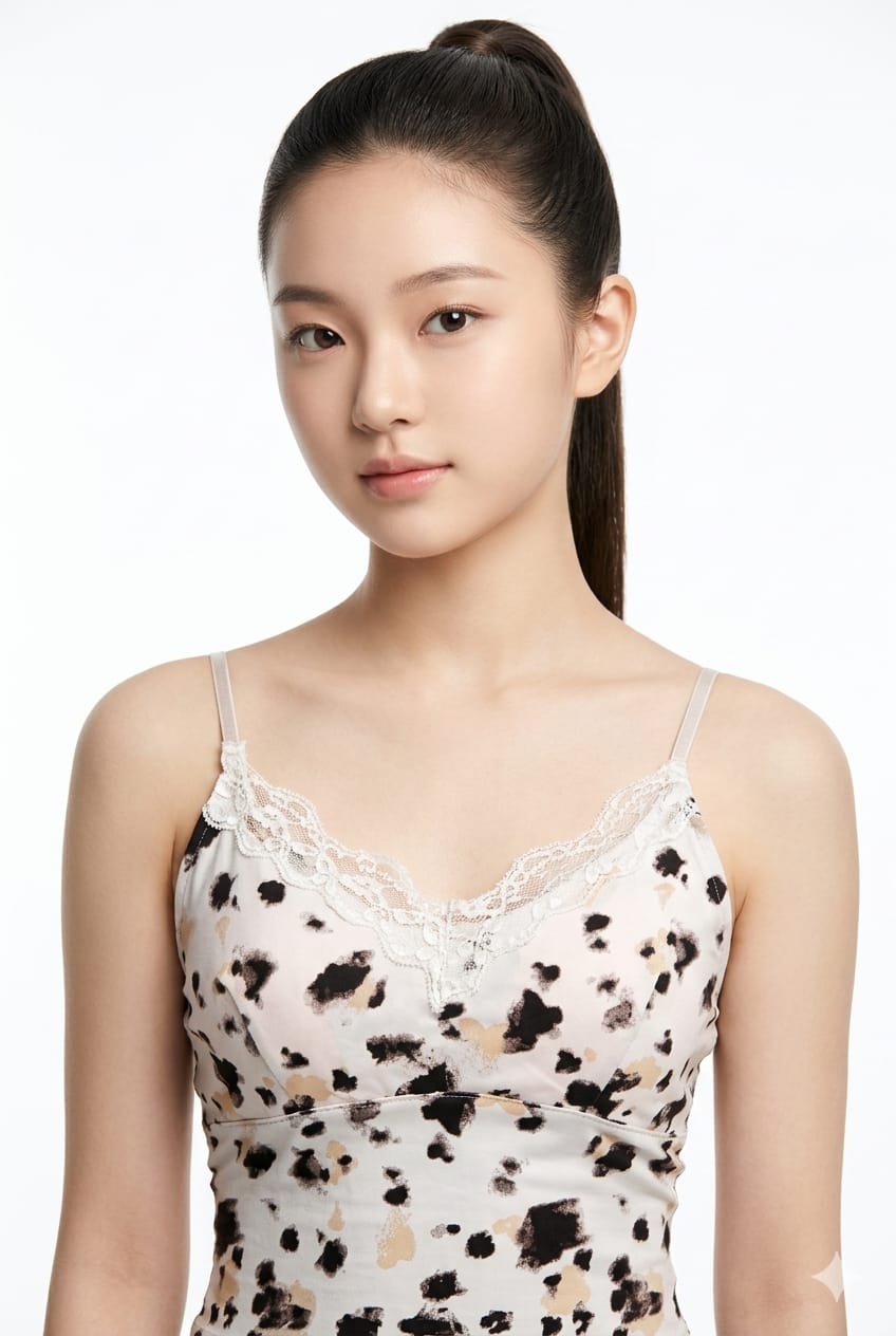 Women’s Printed Satin Lace Trim Cami Top (Black &amp; Ivory)