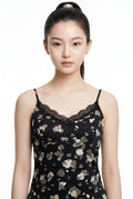 Women’s Printed Satin Lace Trim Cami Top (Black &amp; Ivory)