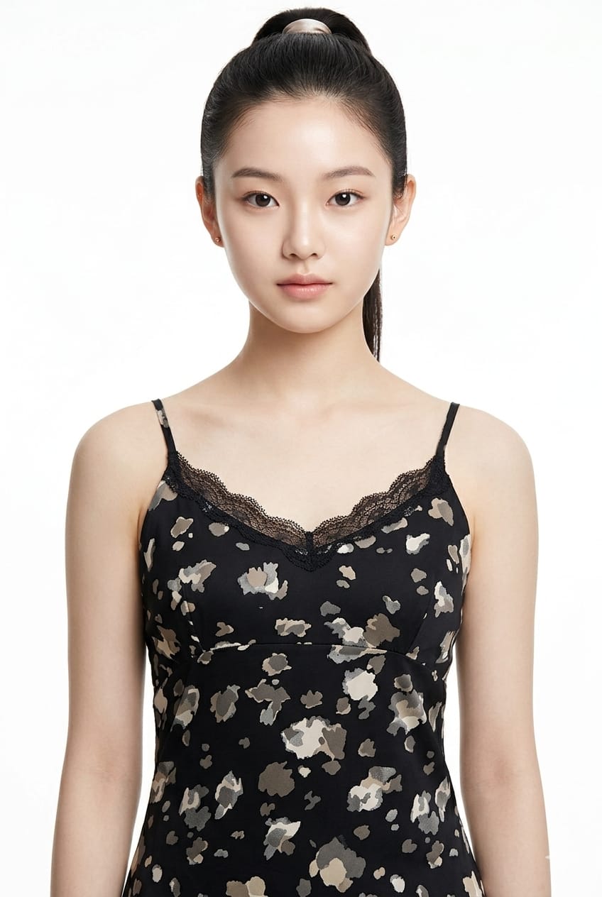 Women’s Printed Satin Lace Trim Cami Top (Black &amp; Ivory)