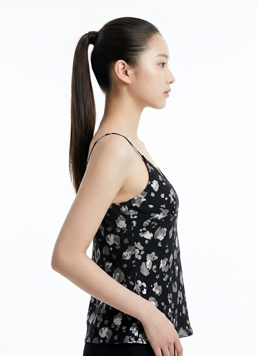 Women’s Printed Satin Lace Trim Cami Top (Black &amp; Ivory)