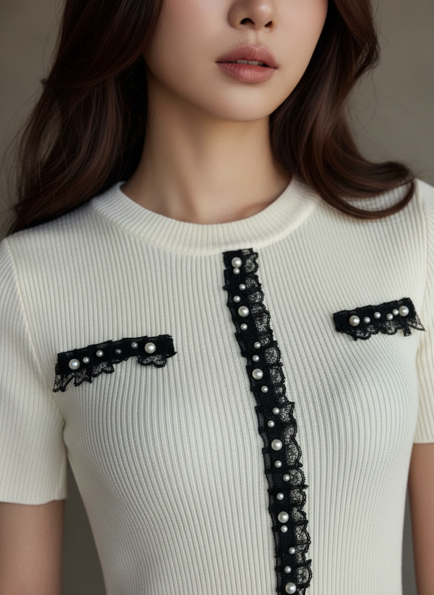 Ribbed Knit Dress Top with Contrast Lace Detail