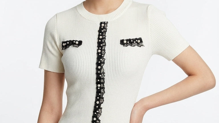 Ribbed Knit Dress Top with Contrast Lace Detail