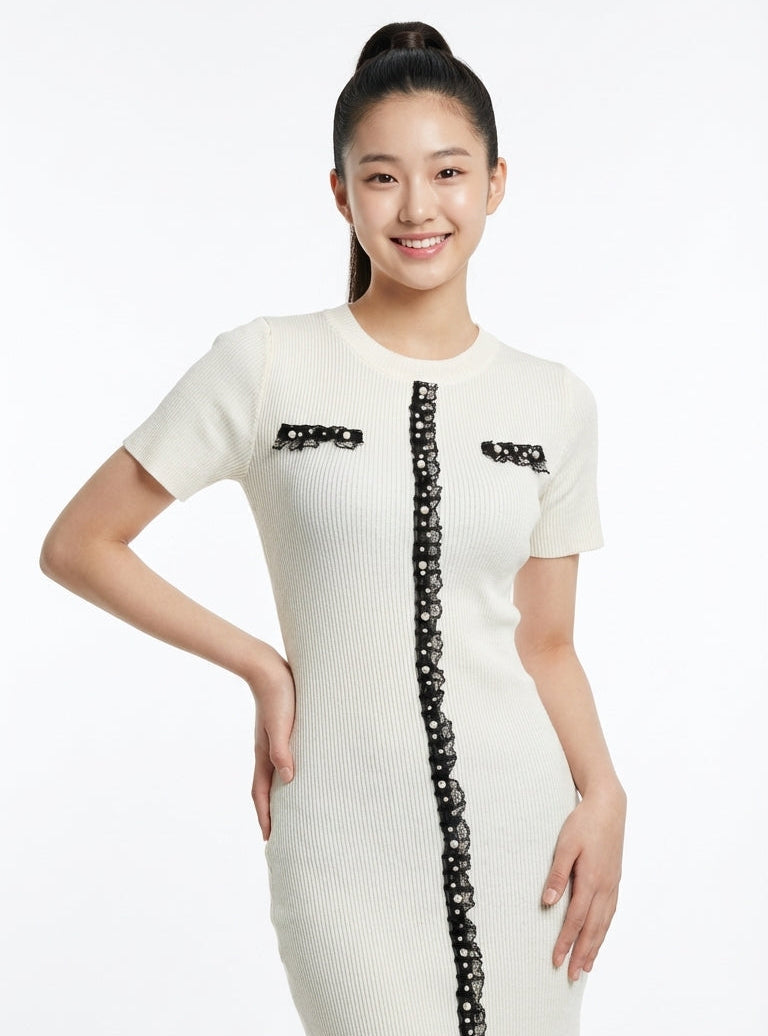 Ribbed Knit Dress Top with Contrast Lace Detail