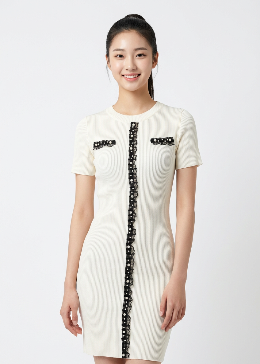 Ribbed Knit Dress Top with Contrast Lace Detail
