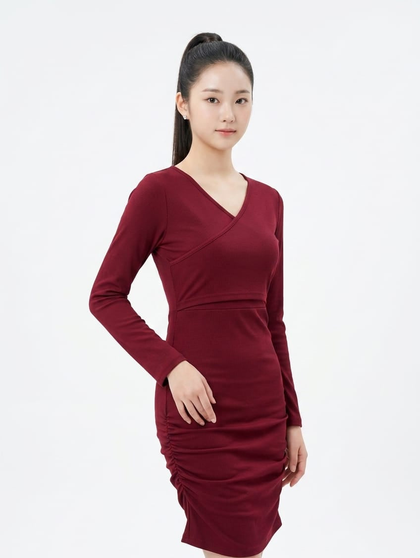 Women’s Ribbed Wrap Ruched Bodycon Dress (Maroon)