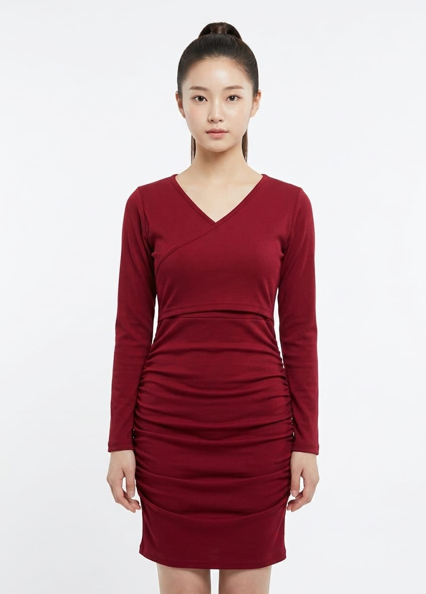 Women’s Ribbed Wrap Ruched Bodycon Dress (Maroon)