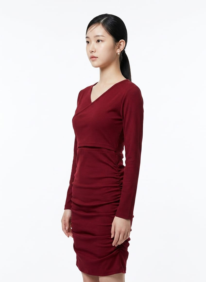 Women’s Ribbed Wrap Ruched Bodycon Dress (Maroon)
