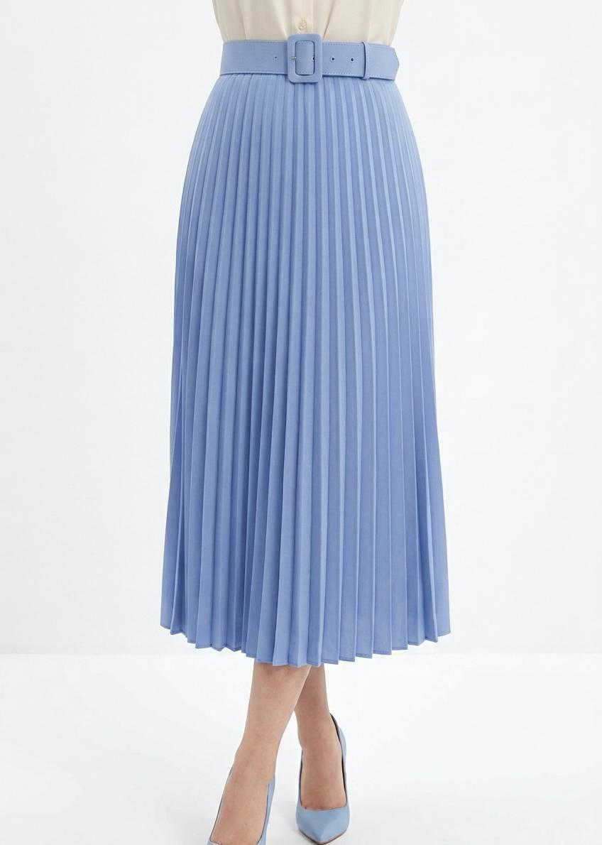 Women’s Elegant Pleated Midi Skirt with Belt (Pink, Blue & Sage Green)