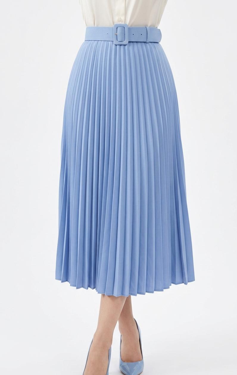 Women’s Elegant Pleated Midi Skirt with Belt (Pink, Blue & Sage Green)