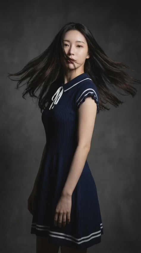 Navy Blue Ribbed Knit Mini Dress with Bow Collar