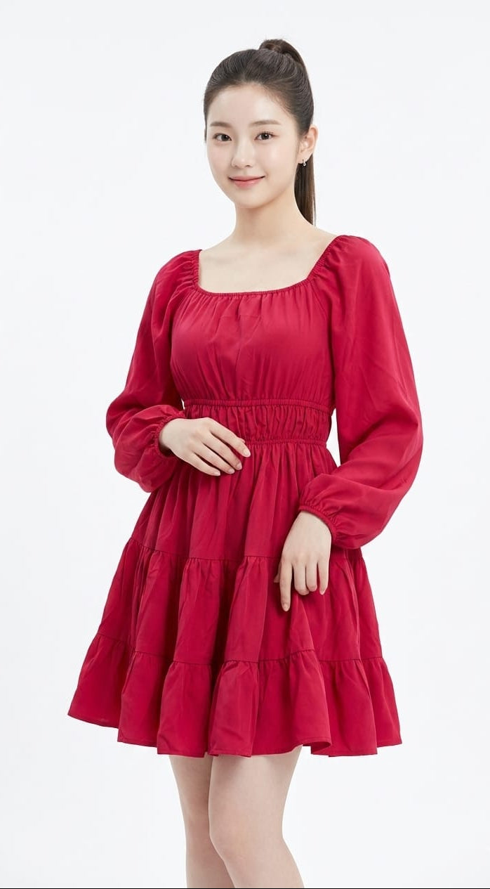 Women’s Smocked Waist Tiered Mini Dress (Red)