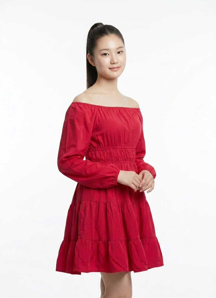 Women’s Smocked Waist Tiered Mini Dress (Red)