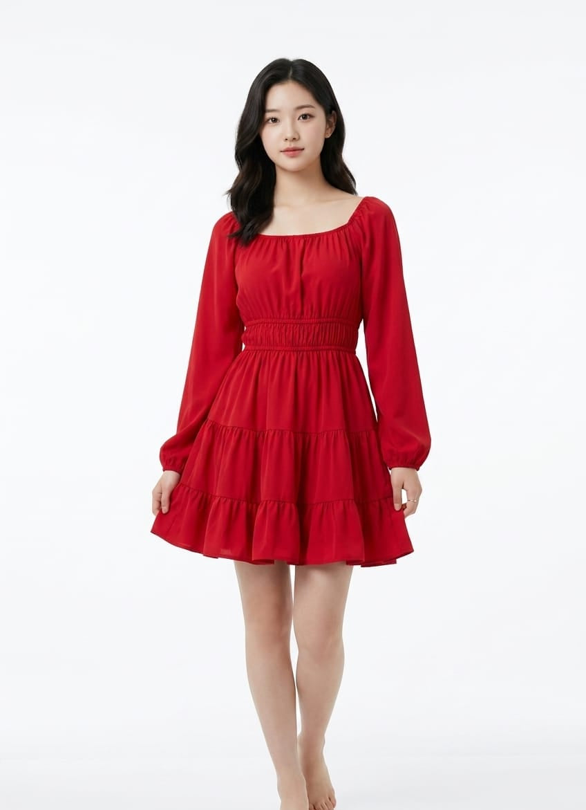 Women’s Smocked Waist Tiered Mini Dress (Red)