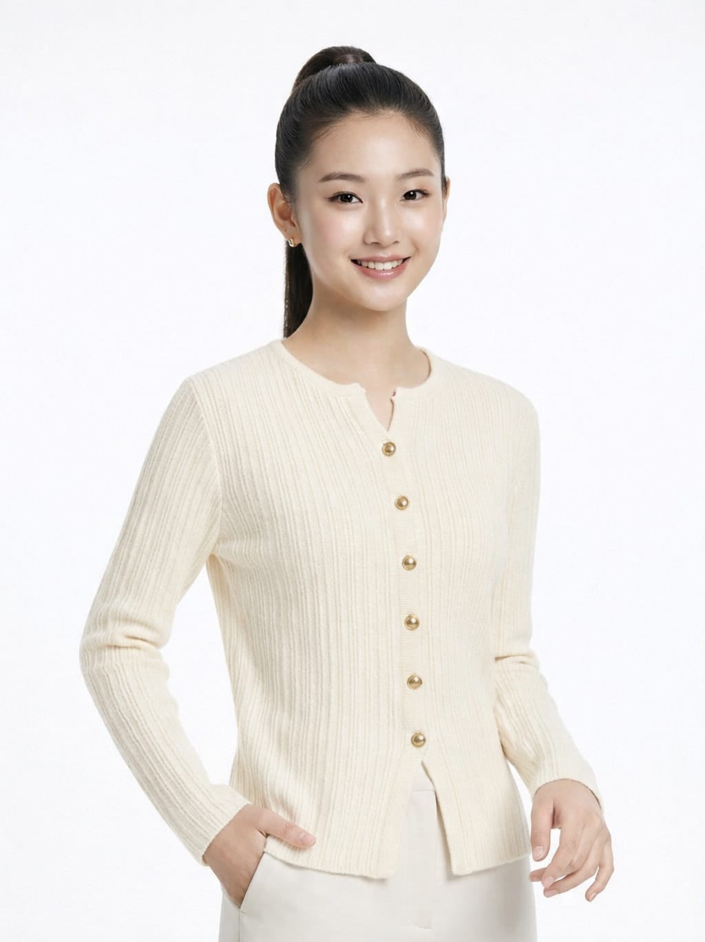 Women’s Ribbed Soft Knit Pullover (White, Pink & Green)