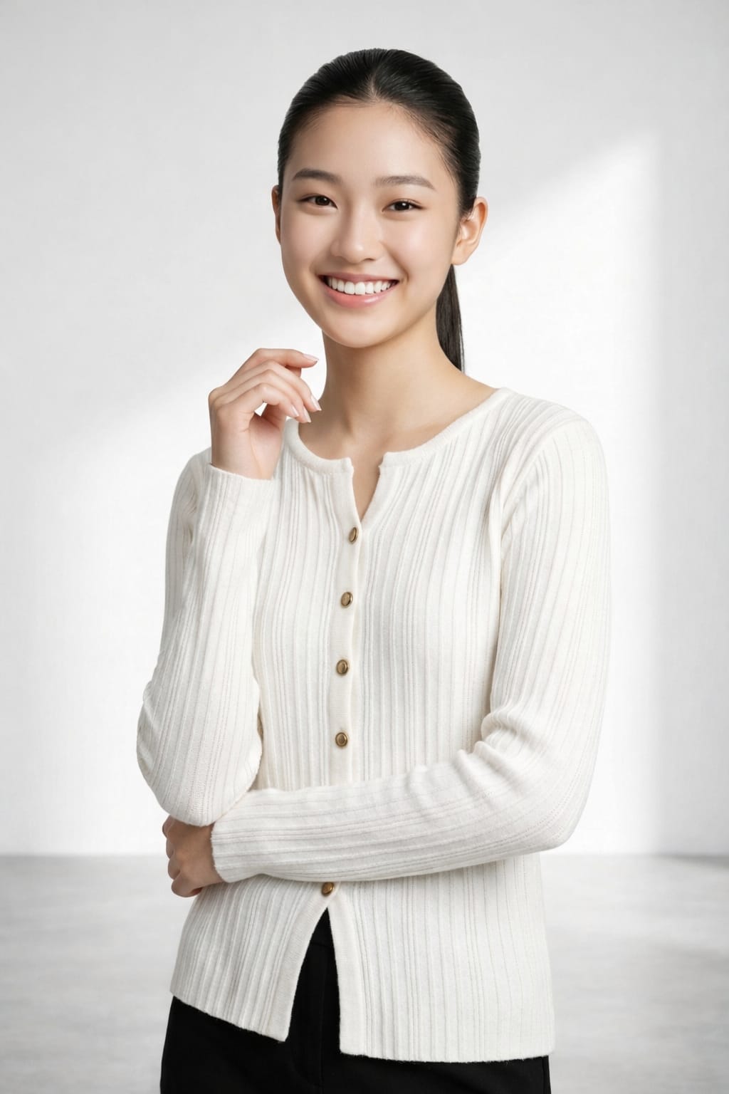 Women’s Ribbed Soft Knit Pullover (White, Pink & Green)