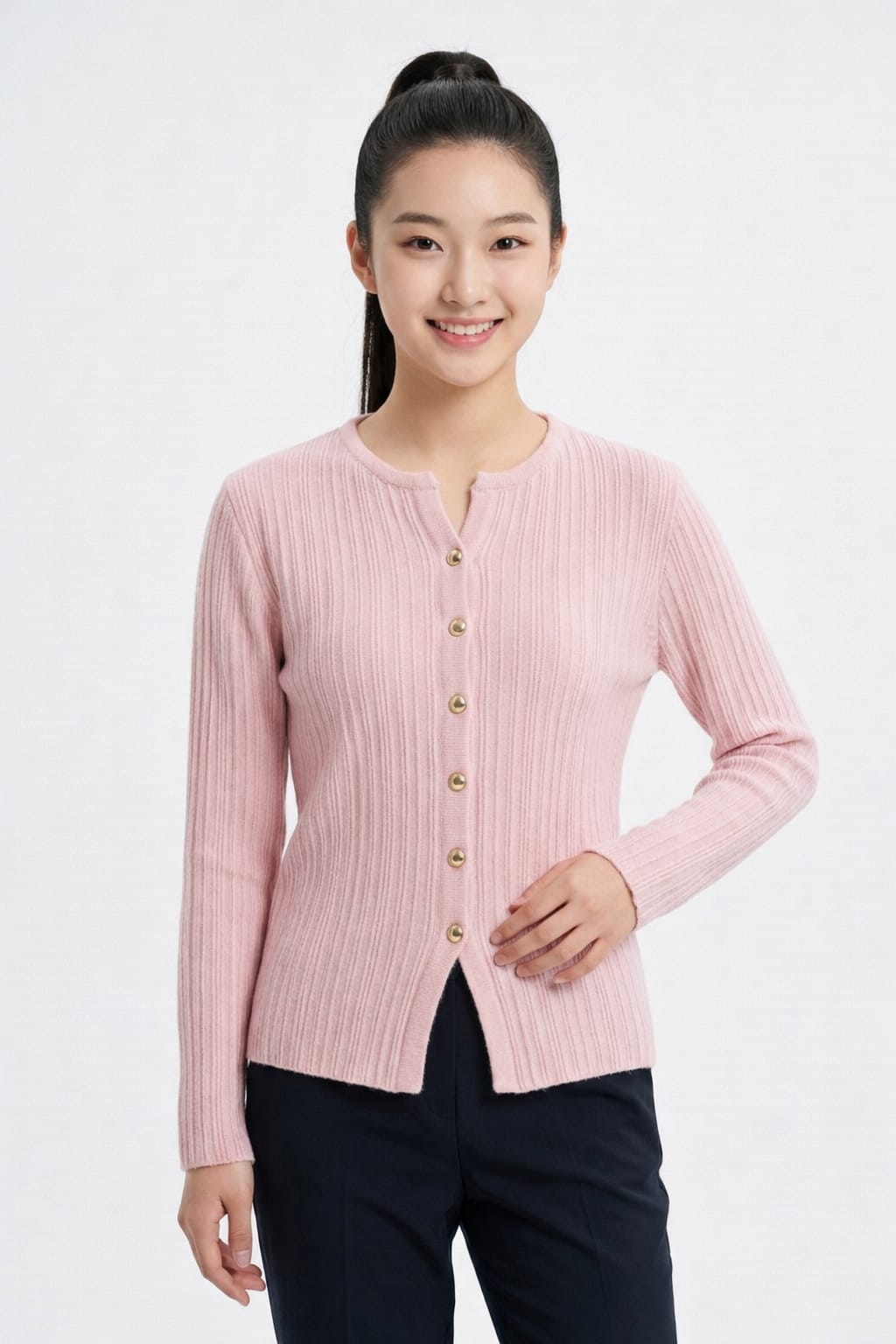Women’s Ribbed Soft Knit Pullover (White, Pink & Green)