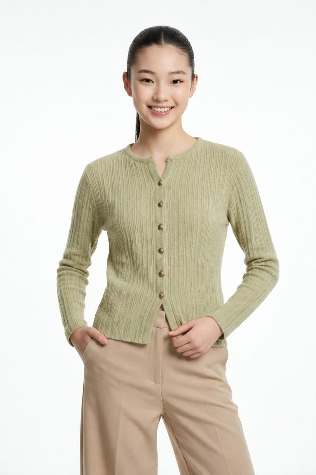 Women’s Ribbed Soft Knit Pullover (White, Pink & Green)