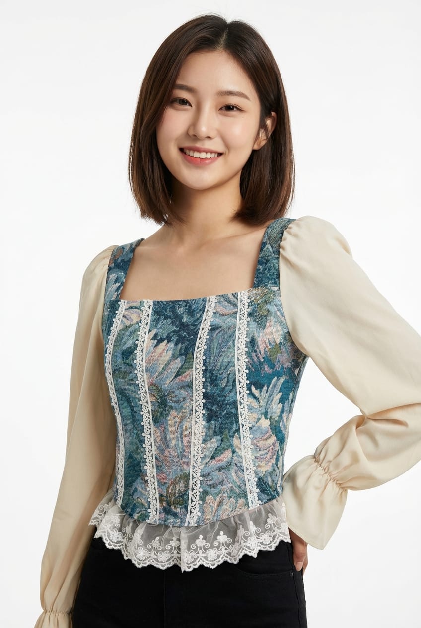 Women’s Elegant Square Neck Printed Top (Vintage Style – Black &amp; White Sleeves)