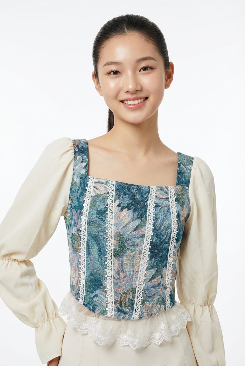 Women’s Elegant Square Neck Printed Top (Vintage Style – Black &amp; White Sleeves)