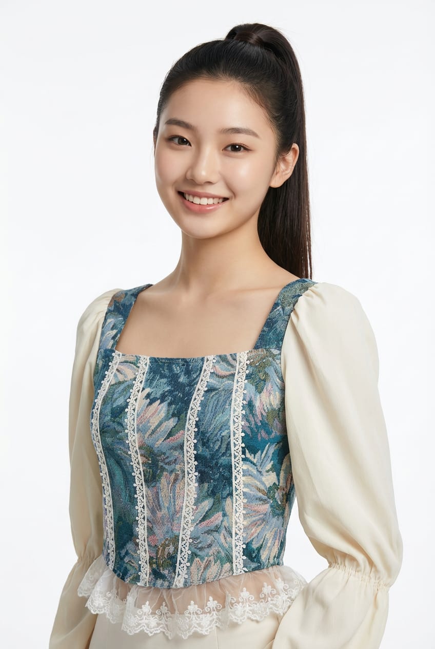 Women’s Elegant Square Neck Printed Top (Vintage Style – Black &amp; White Sleeves)