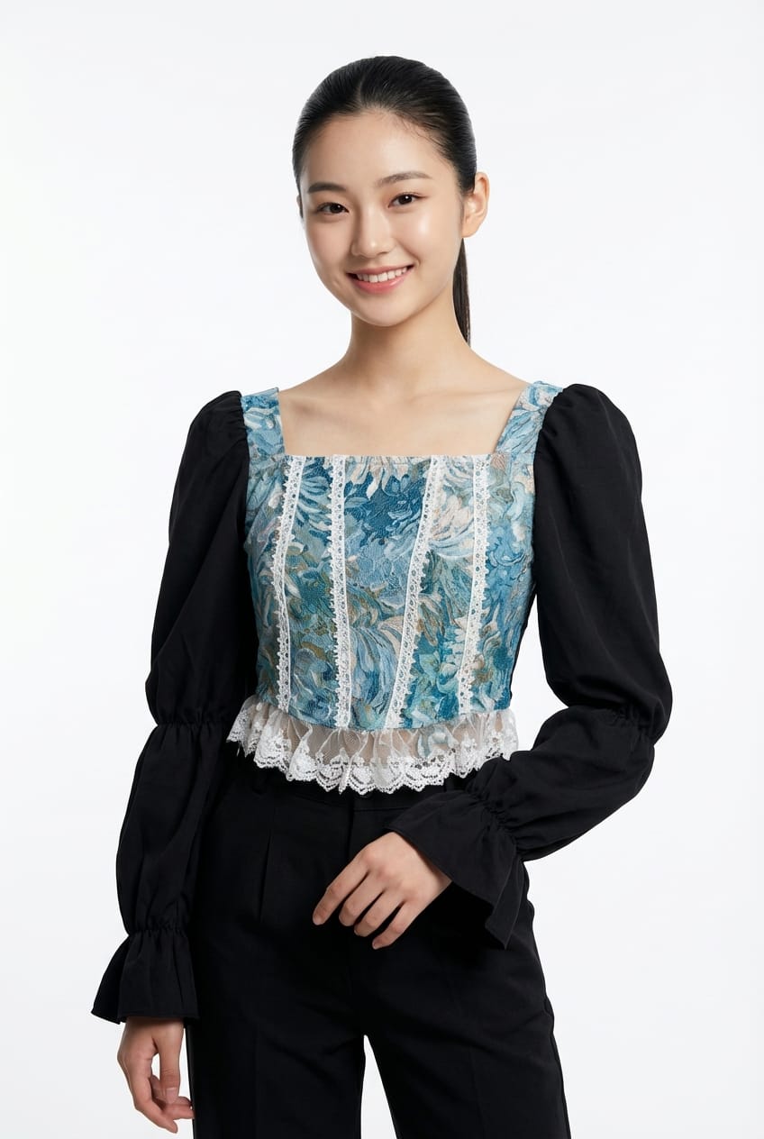 Women’s Elegant Square Neck Printed Top (Vintage Style – Black &amp; White Sleeves)