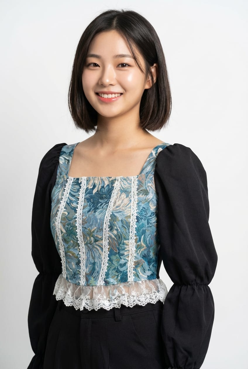Women’s Elegant Square Neck Printed Top (Vintage Style – Black &amp; White Sleeves)