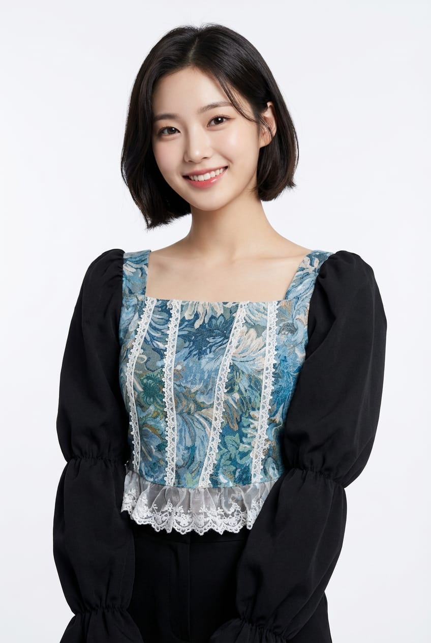 Women’s Elegant Square Neck Printed Top (Vintage Style – Black &amp; White Sleeves)
