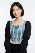 Women’s Elegant Square Neck Printed Top (Vintage Style – Black &amp; White Sleeves)