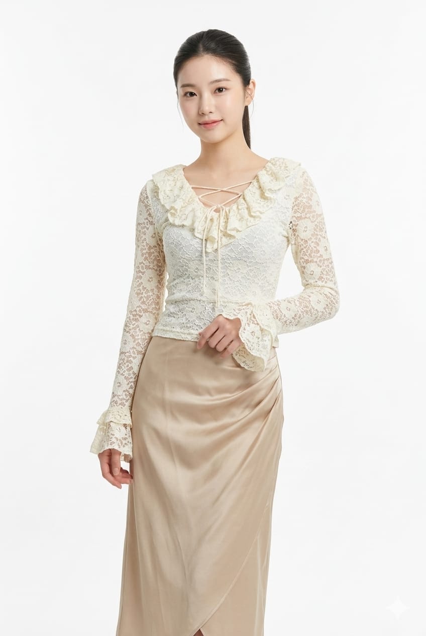 Women’s Elegant Lace Ruffle Back-Tie Top (Ivory)