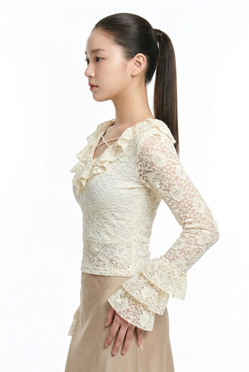 Women’s Elegant Lace Ruffle Back-Tie Top (Ivory)