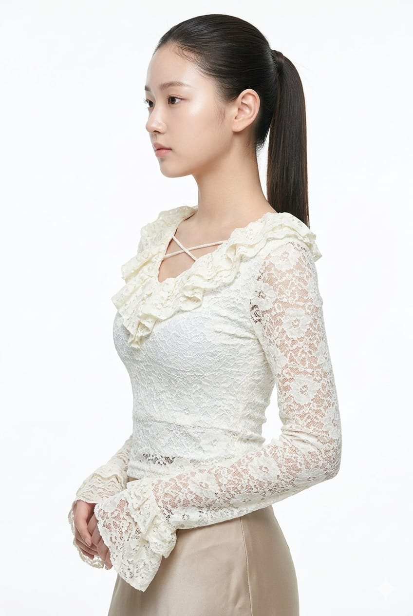 Women’s Elegant Lace Ruffle Back-Tie Top (Ivory)