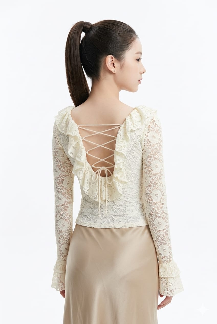 Women’s Elegant Lace Ruffle Back-Tie Top (Ivory)